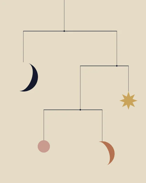 A hanging mobile of crescents, a star and a small disc balanced on fine wires.