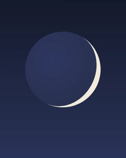 A thin bright crescent on a night-blue sky, with the rest of the moon's disc faintly visible beside it.
