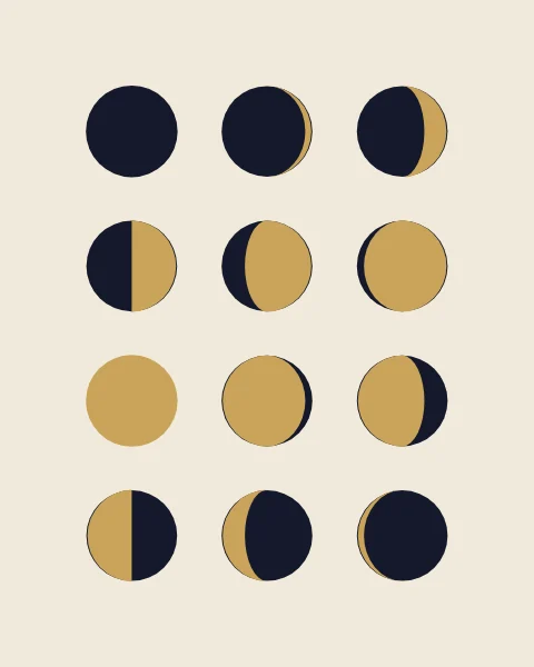 A sheet of moons read in order, from the dark new moon through full and down to the last thin crescent.