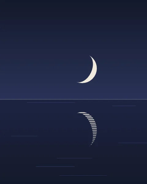 A crescent over a calm horizon, its reflection broken into fine bands on the water below.