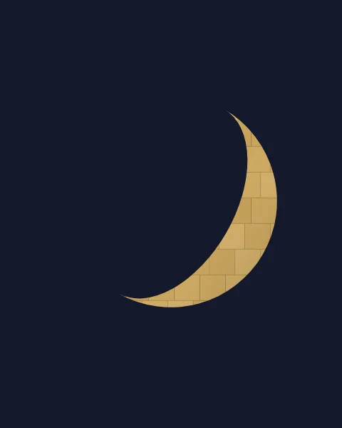 A crescent laid in small squares of varied gold, like leaf on a dark ground.