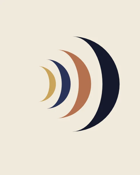 Four crescents rest one inside another, each a little smaller, in ink, clay, indigo and gold.