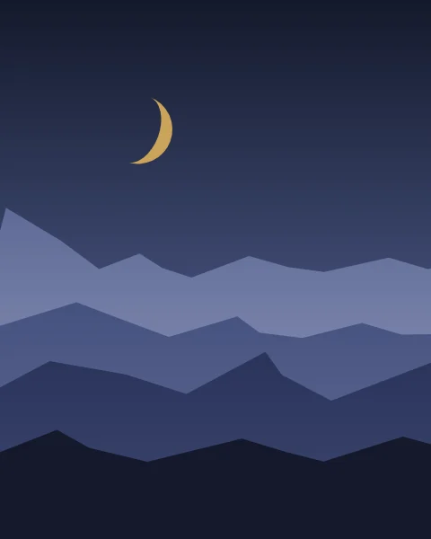 A gold crescent above mountain ridges that darken from mist blue to ink.