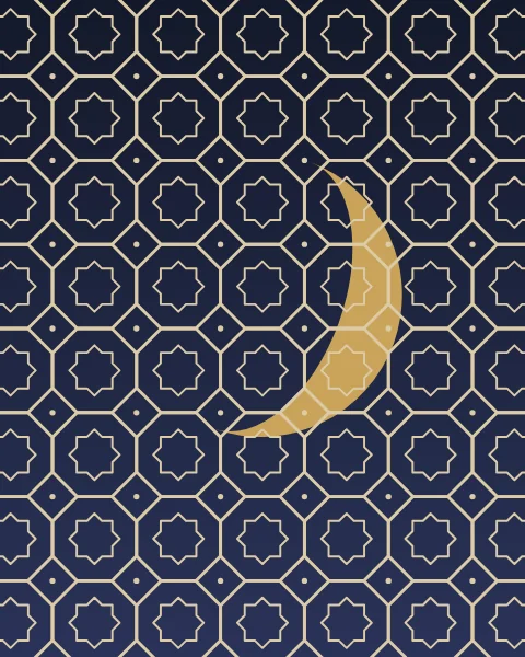 A gold crescent glimpsed through a screen of octagons, each framing an eight-pointed star.