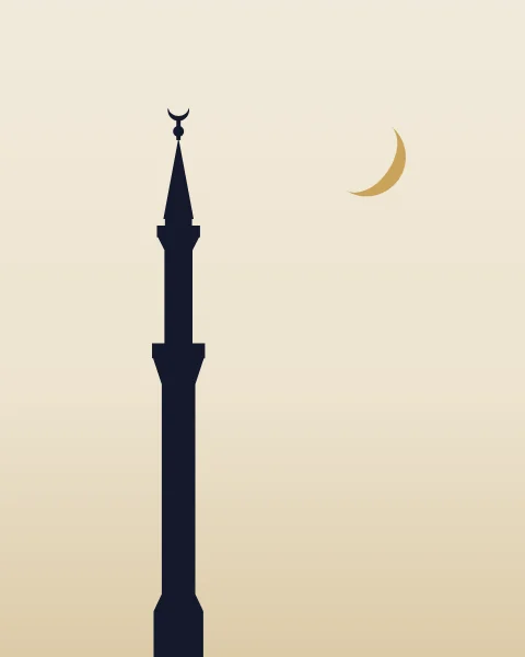 A single slender minaret rises into a pale evening sky, a small gold crescent beside it.