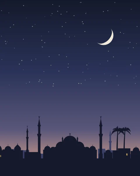 A city of domes, minarets and palms in silhouette under a deepening dusk, a pale crescent high above.