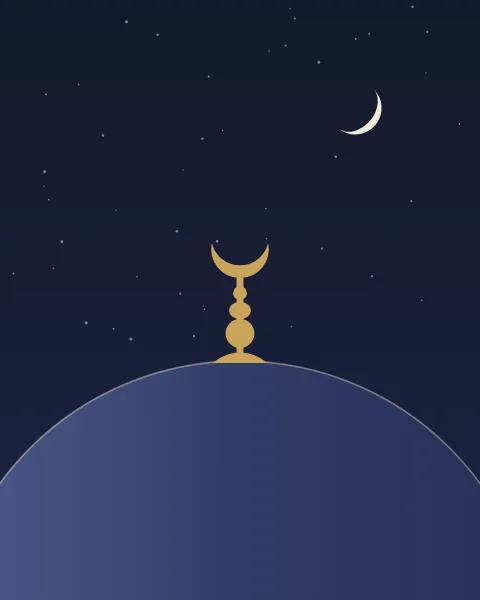 The curve of a great dome rises into the night, topped by a gold finial ending in a crescent, with the real moon thin and pale above.
