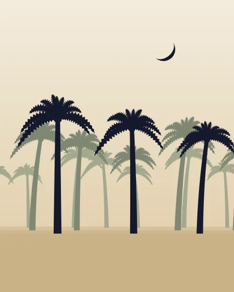 Rows of date palms, fading from sage to ink, stand under a pale sky with a small dark crescent.