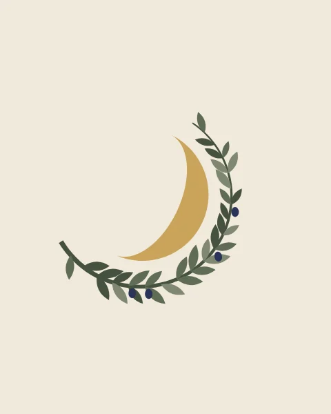 An olive branch curves beneath a gold crescent, its leaves in shades of sage.