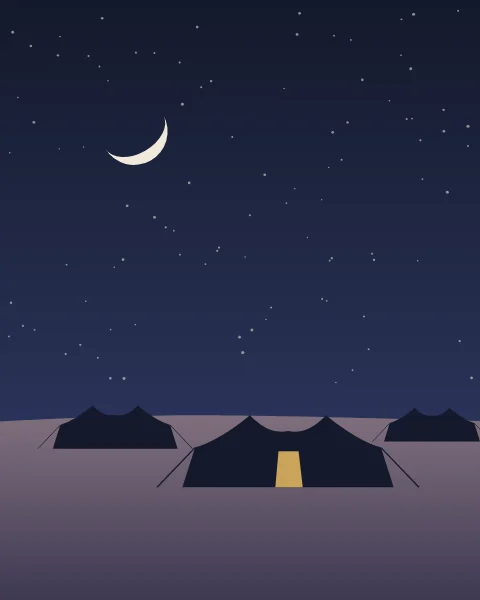 Low desert tents under a starry night, one doorway lit, the crescent bright above.