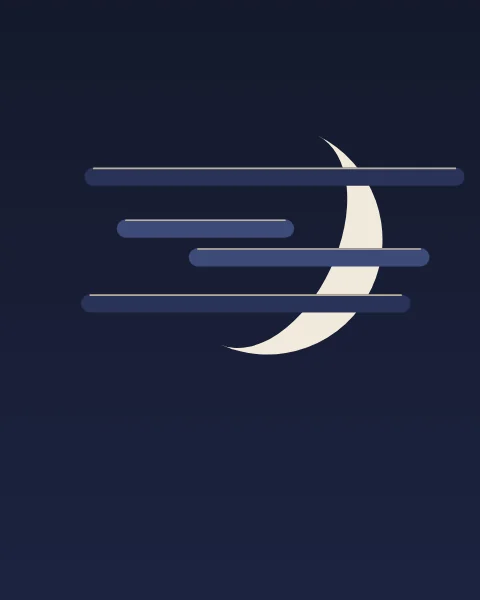 A large pale crescent half hidden behind narrow bands of cloud edged with moonlight.