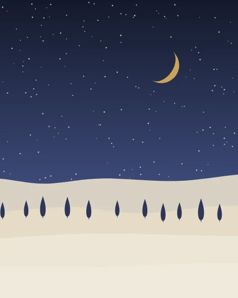 Fresh snow lies over pale rolling hills dotted with small dark trees, a gold crescent in a starry sky.