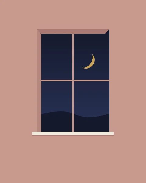A deep window in a rose wall opens onto the night, a gold crescent in one pane.