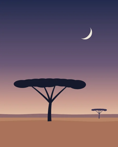 A flat-topped acacia stands on open plain at dusk, a smaller one far off, under a pale crescent.