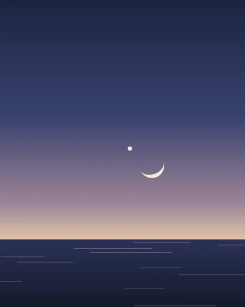 A young crescent and a single bright planet above a calm sea at dusk.