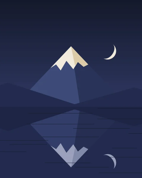 A snow-capped peak and a pale crescent, both repeated in a still mountain lake.