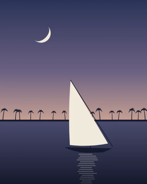 A sailing boat with a tall pale sail on a dusk river, a crescent above the palm-lined far bank.