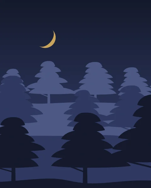 Ranks of dark evergreens fade back into blue mist beneath a gold crescent.