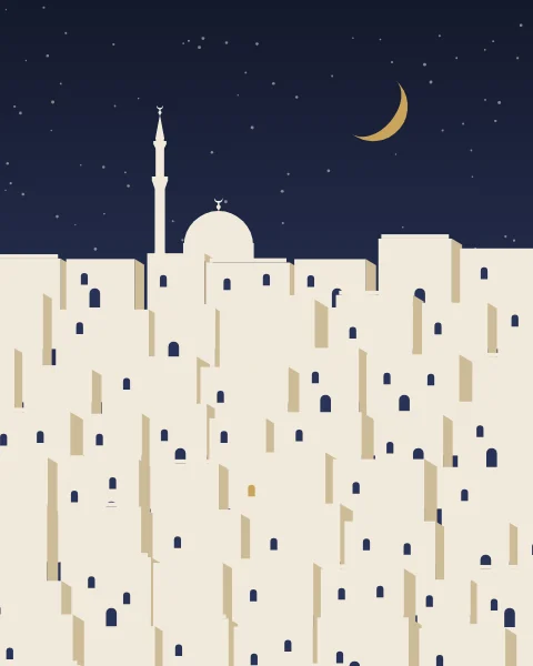 White houses step up a hillside at night, a minaret among them and a gold crescent above.