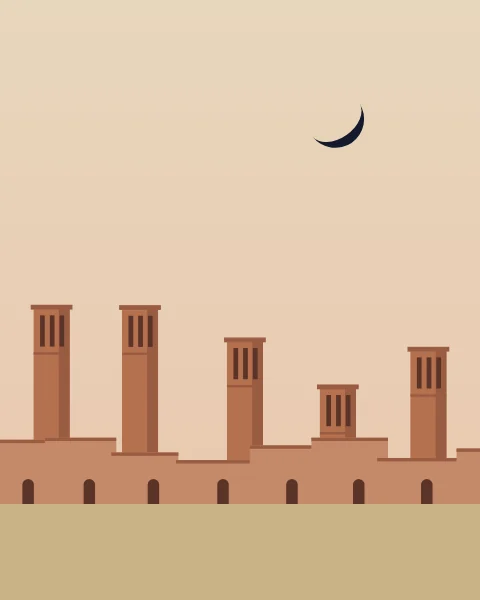 Clay wind towers stand over low houses in warm evening light, a dark crescent above.