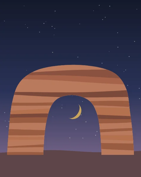 A natural arch of banded red rock frames the night desert and a small gold crescent.