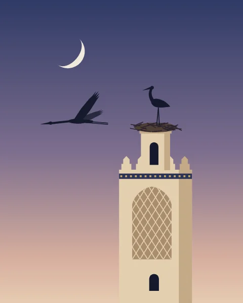 A stork stands on its nest atop a tiled minaret at dusk while another flies in beneath a pale crescent.