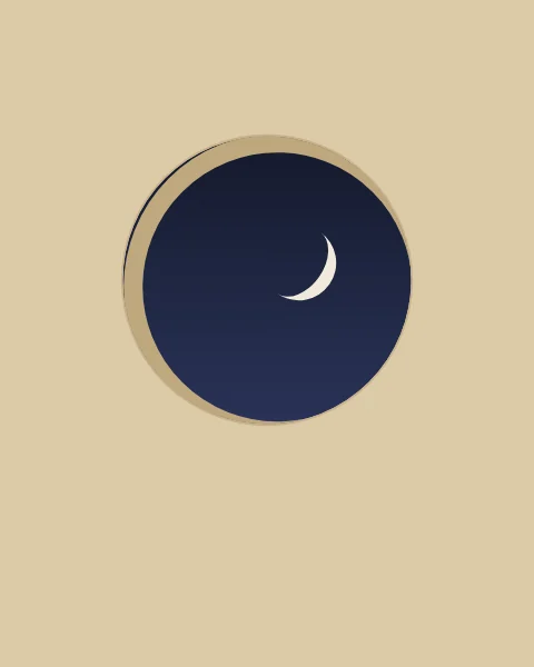 A round opening in a sand-coloured wall shows a pale crescent in a night sky.