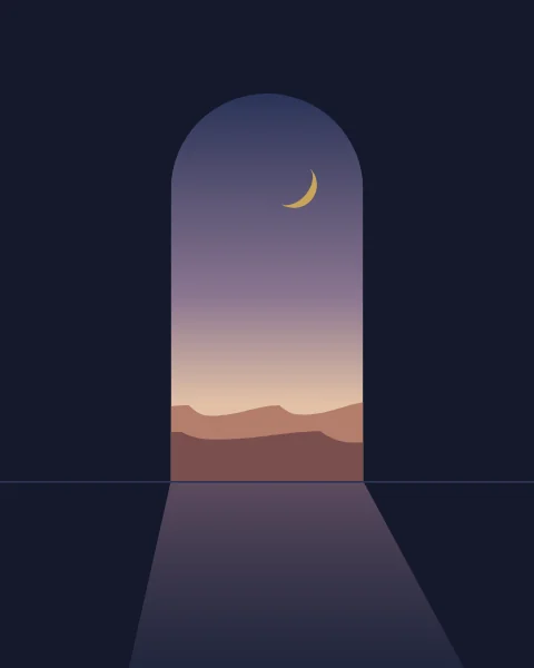 An arched doorway in a dark room opens onto a dusk desert and a gold crescent, light spilling across the floor.