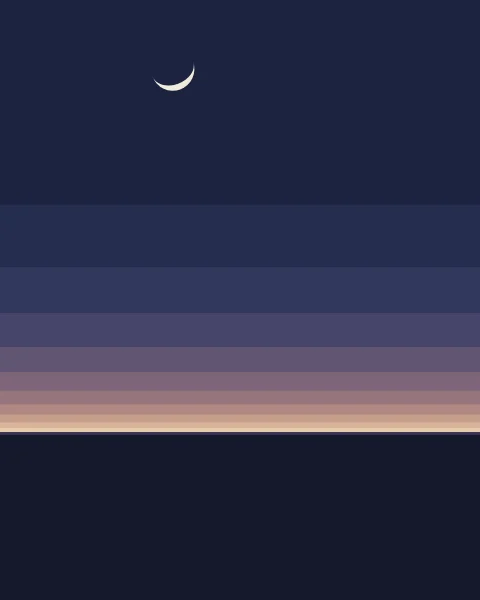 Bands of dusk colour step down to a dark sea, a small pale crescent in the indigo above.