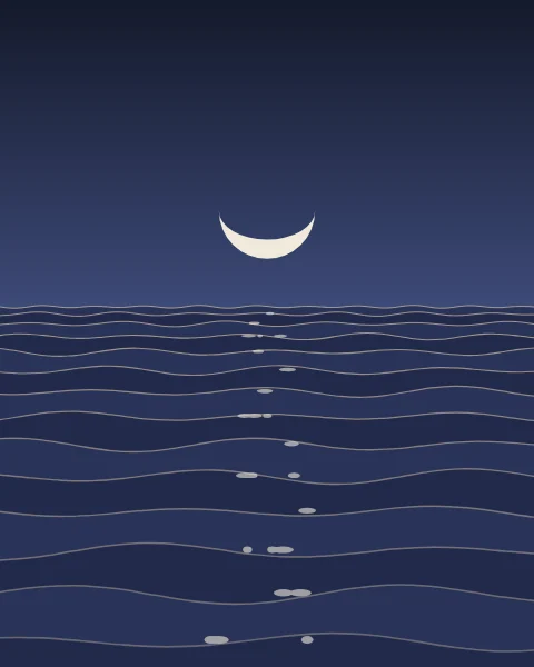 Long ocean swells roll towards the viewer under a crescent lying on its back.
