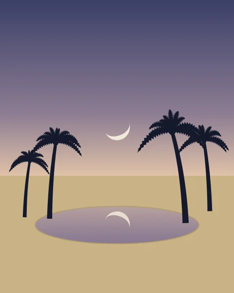 Palms ring a still pool in the sand, the crescent above and again in the water.