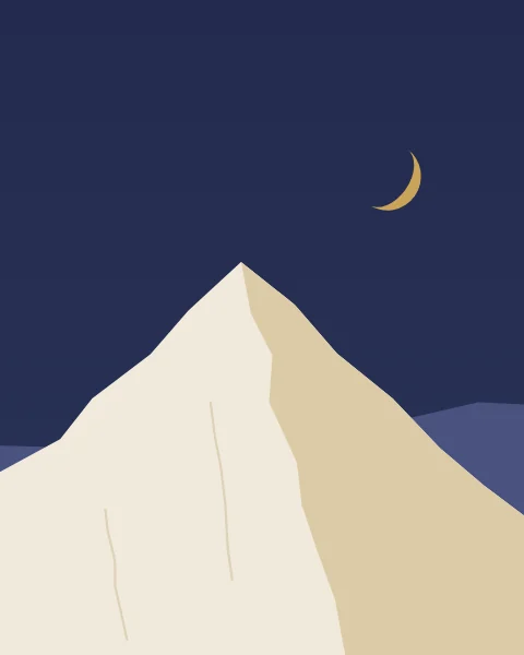 A pale peak with a shadowed face and a lower range behind, a gold crescent beside it on indigo.