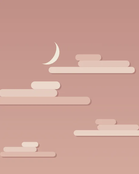 Soft flat clouds drift across a dusk-rose sky with a pale crescent.