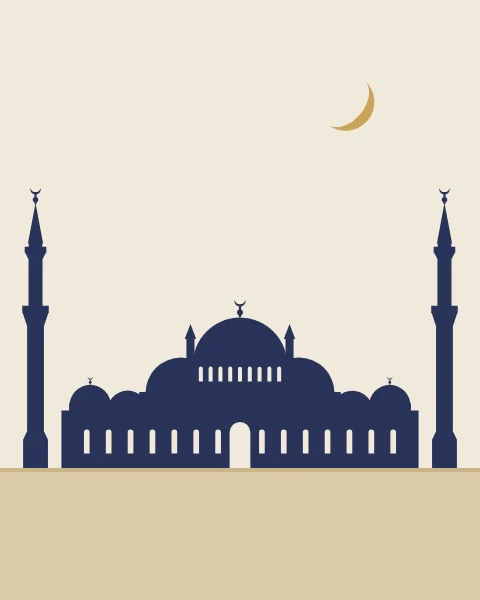 A great mosque of cascading domes flanked by tall minarets, in indigo on warm bone, a gold crescent above.