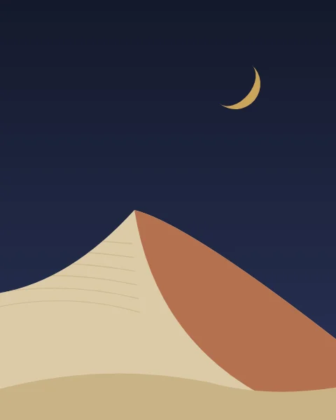 A single dune crest divides sunlit sand from shadow, a gold crescent in the night above.