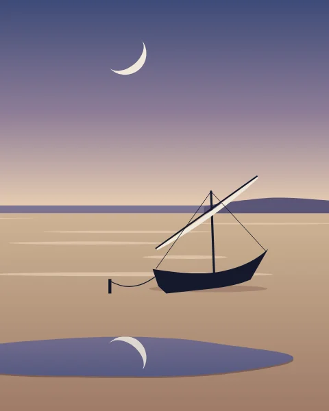 A wooden dhow rests on the sand at low tide, its sail furled, while a pool in the foreground holds the dusk sky and the crescent.