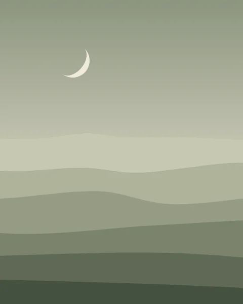 Rolling hills fade through layers of sage mist beneath a pale crescent.
