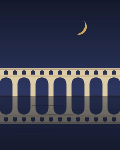A long arcaded aqueduct crosses still water at night, its arches completed by their reflections, a gold crescent above.