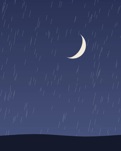 A pale crescent glimpsed through fine falling rain over dark land.