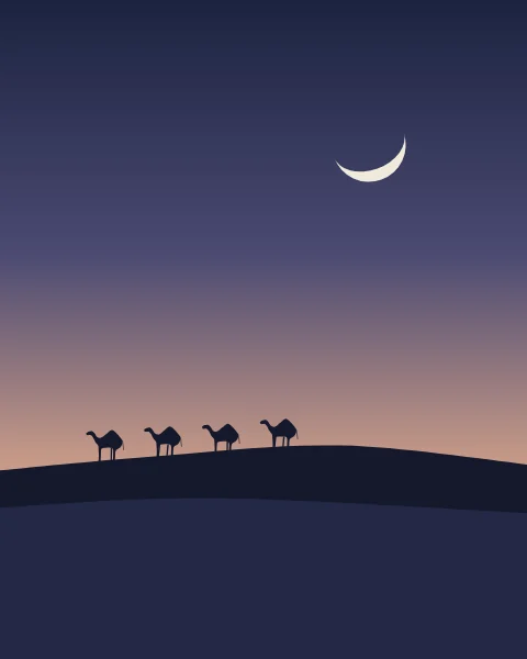 A line of camels walks along a dune crest at dusk beneath a pale crescent.