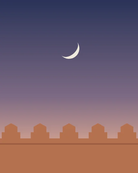 A clay wall topped with stepped merlons under a dusk sky and a pale crescent.