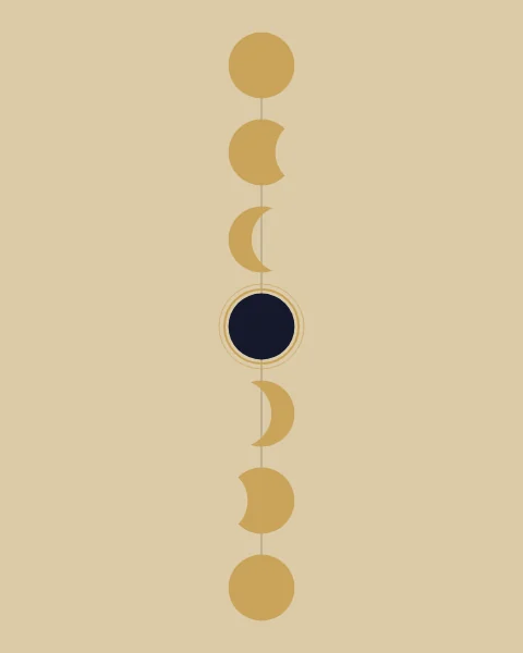 A row of gold suns, each cut a little deeper by the passing moon, closing to a dark disc ringed in gold at the centre.