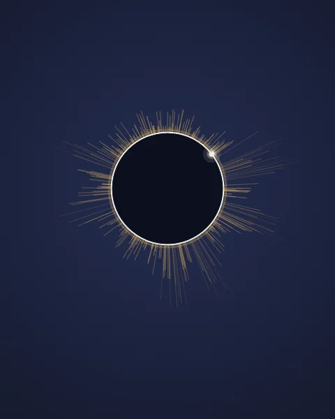 A dark disc ringed by fine gold rays, with one bright point flaring at its edge.