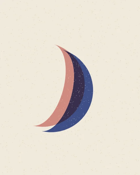 Two crescents, one rose and one blue, printed slightly out of register so they overlap in deep plum.