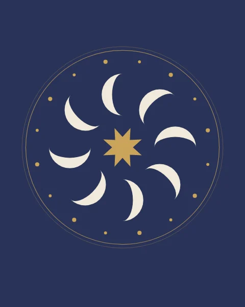 Eight pale crescents turn around a small gold star, inside a fine gold ring of dots.