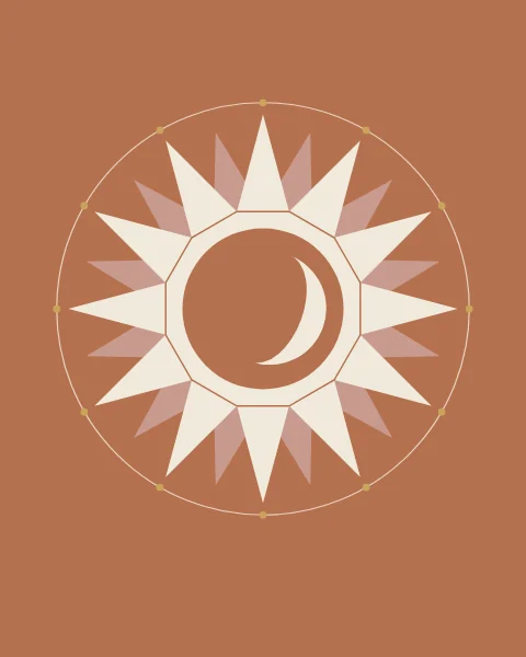 A twelve-pointed star in bone over a rose star, with a small crescent at its heart, on clay.