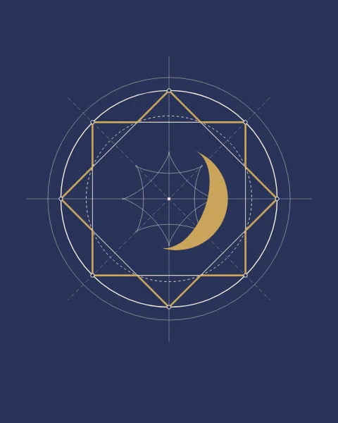 Fine compass lines construct an eight-pointed star around a small gold crescent on indigo.
