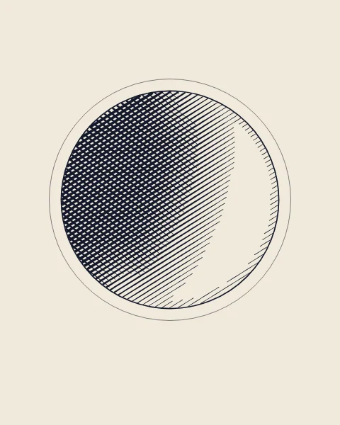 A moon drawn in fine crossed hatching, the lit crescent left as bare paper.