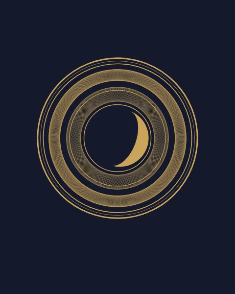 A gold crescent set in a round medallion of fine, interwoven gold lines on deep ink.