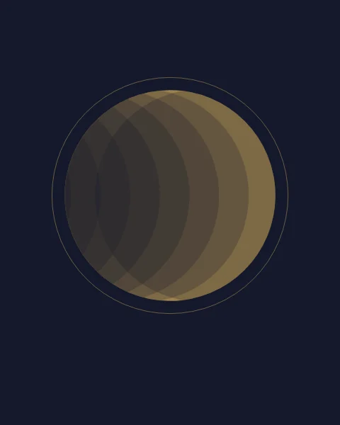 A gold disc on deep ink, veiled by a series of overlapping translucent discs that leave a bright crescent on one side.